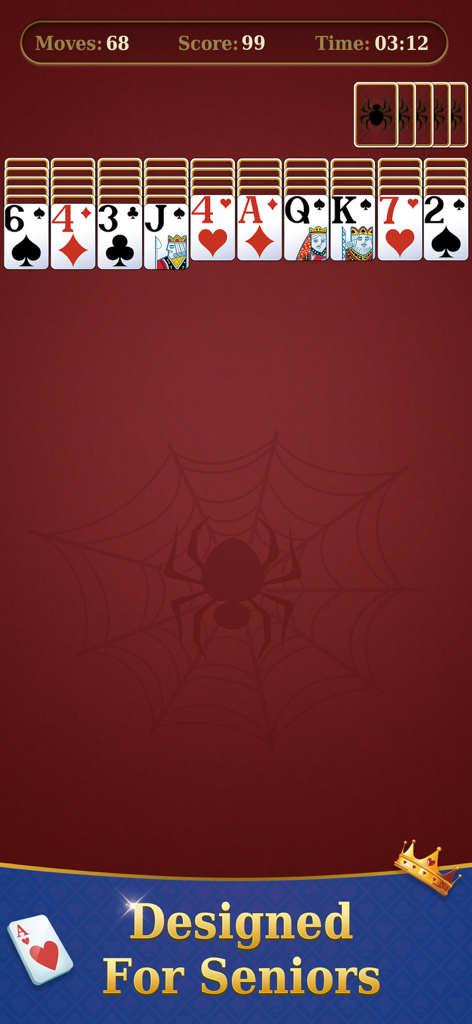Spider Solitaire-Puzzle trip - Interfaz del juego Spider Solitaire con palos de cartas clásicos y un banner Diseñado para Personas Mayores.