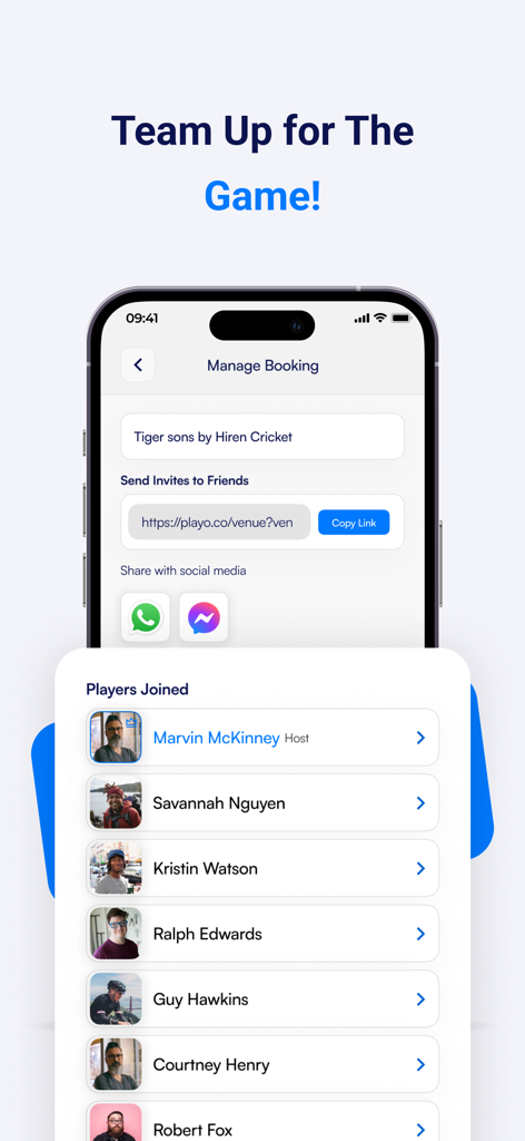 PlayPal Sports - Interface of the PlayPal Sports app showing game details and a list of players joined