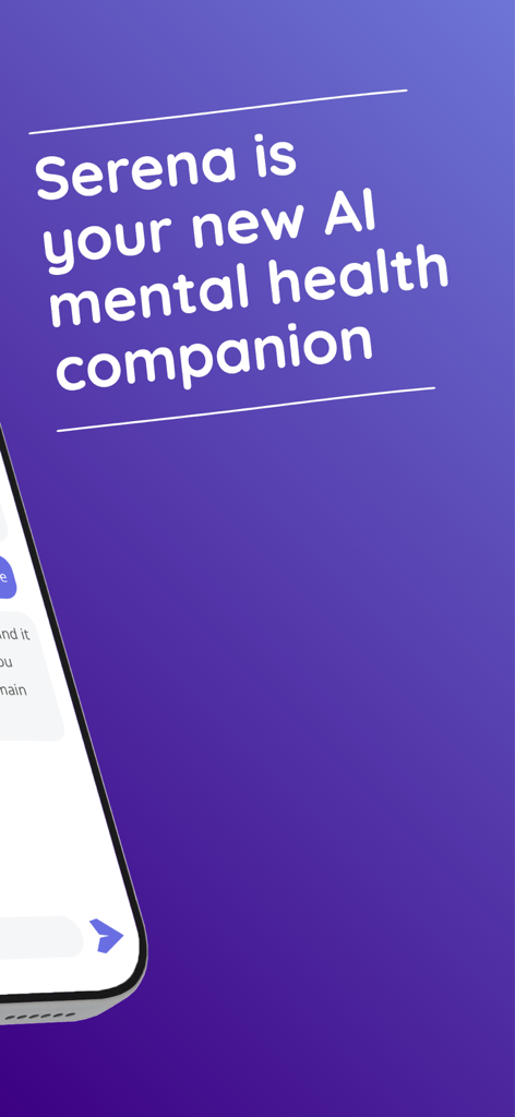 Serena: AI Emotional Support - Introductory screen for Serena app describing it as an AI mental health companion against a purple background