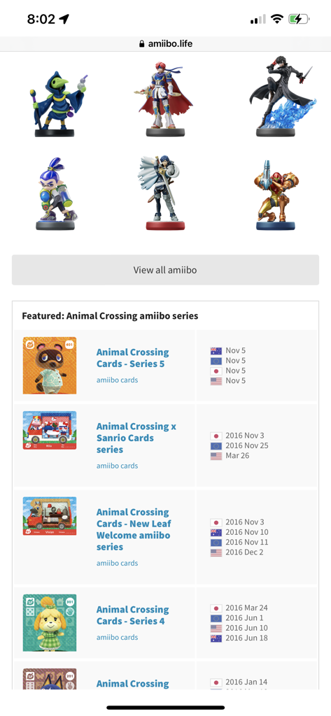 Una visualización de varias figuras amiibo y series de cartas de Animal Crossing en la base de datos del sitio web amiibo.life