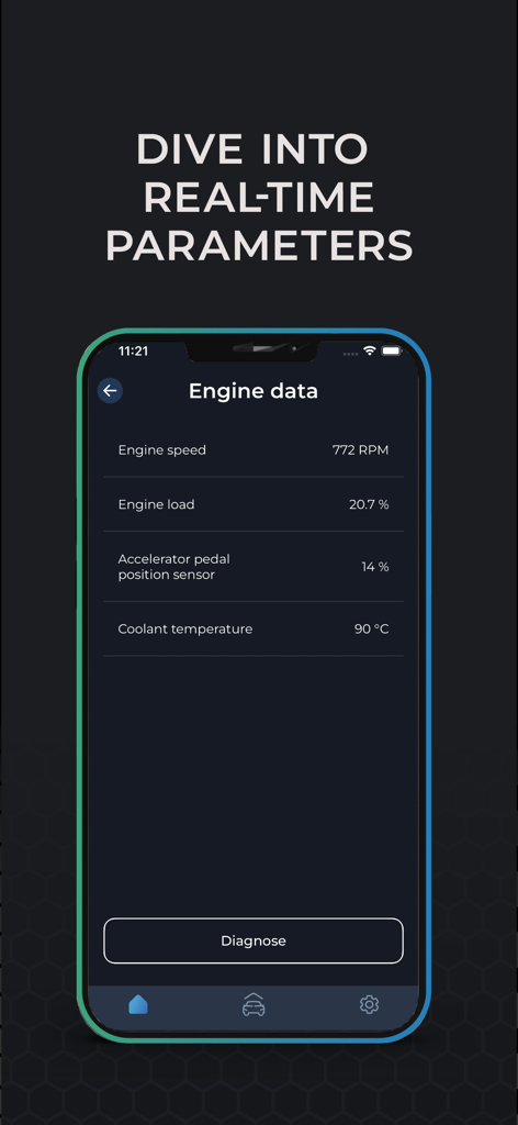 Carista OBD2 - Smartphone screen showing Carista OBD2 app real-time engine data parameters