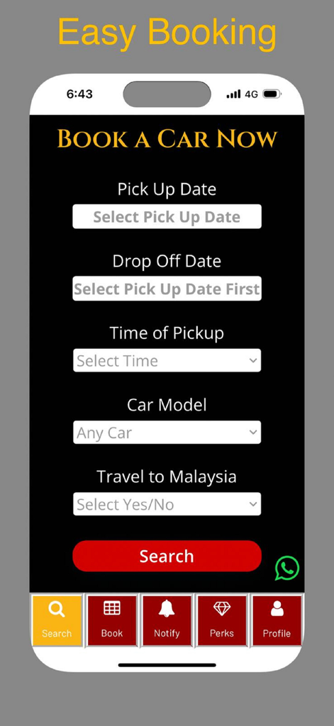 WD11 Car Rental - Booking interface of WD11 Car Rental app with dates car model and Malaysia travel options