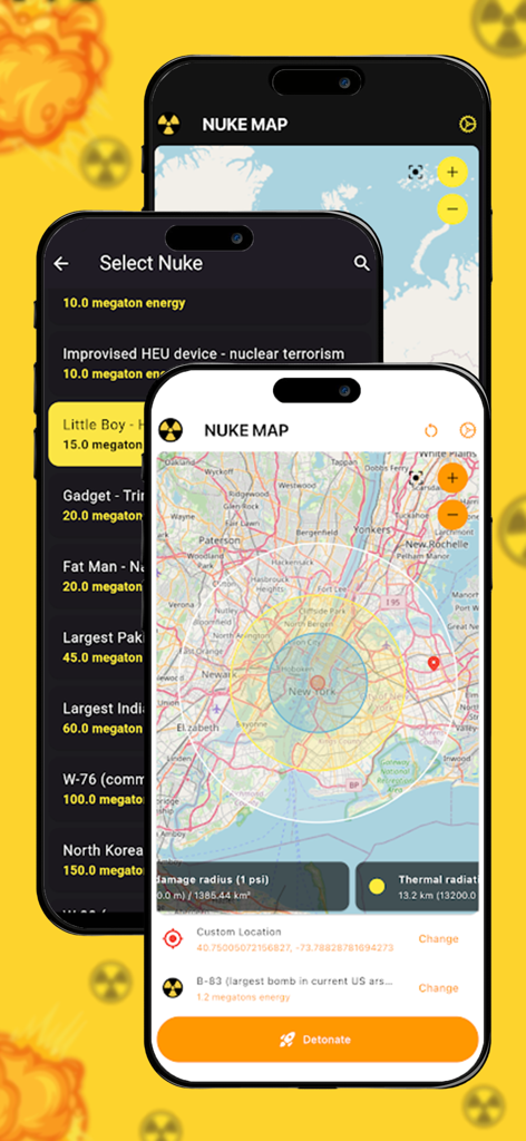 Nuke Map | Nuke Simulator - Screenshots of the Nuke Map app interface showing a list of historical nuclear bombs and a blast radius simulation on a map of New York City