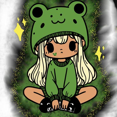 a girl wearing a frog hat and some frog socks