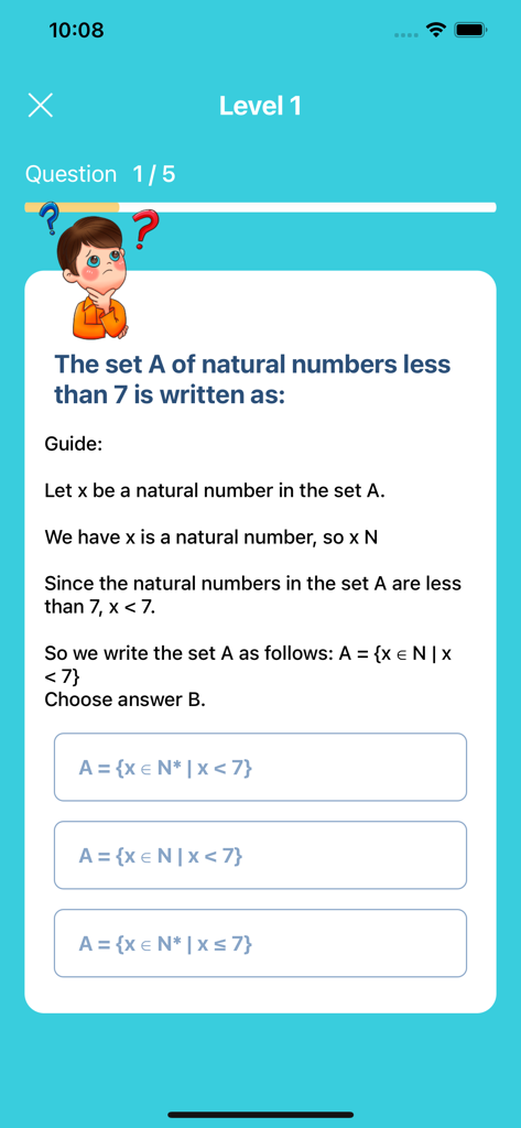 6th grade learning games - A math problem in the 6th grade learning app showing a set notation question with a detailed guide and multiple choice answers