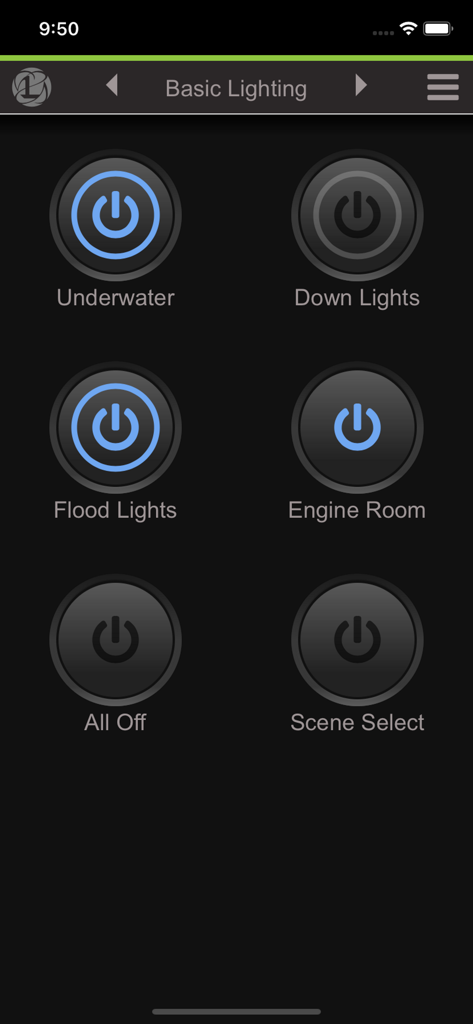 Lumitec Poco - Lumitec Poco App-Dashboard mit digitalen Steuerelementen für Bootsbeleuchtung wie Unterwasser- und Flutlicht