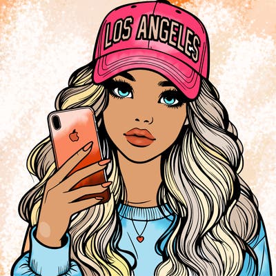 realistic beautiful girl wearing los ángeles cap holding an iphone