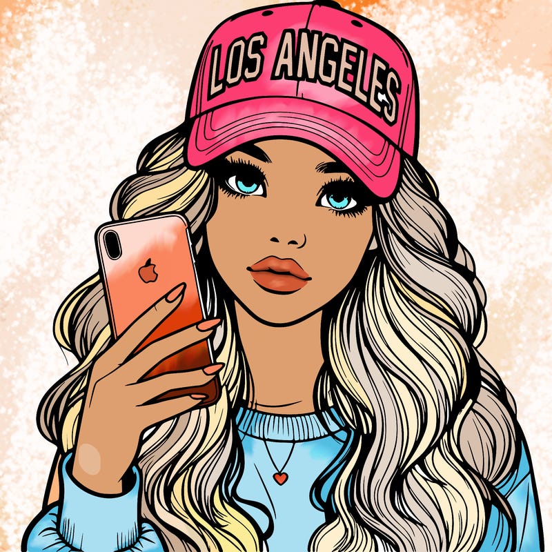realistic beautiful girl wearing los ángeles cap holding an iphone