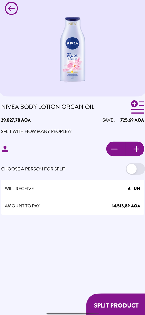 Socia - Socia mobile app screen showing the option to split the cost and quantity of a Nivea body lotion purchase between multiple people.