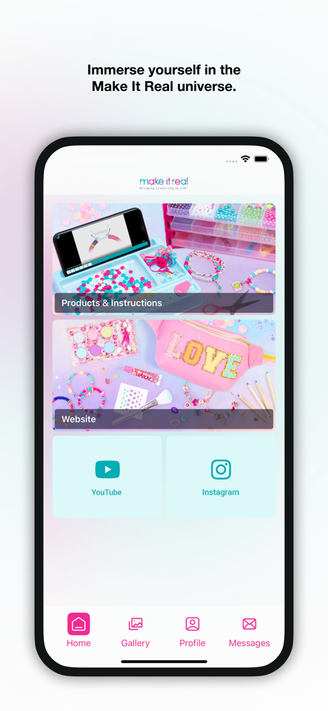 Make It Real ™ - The Make It Real app home screen showing sections for craft instructions and links to social media