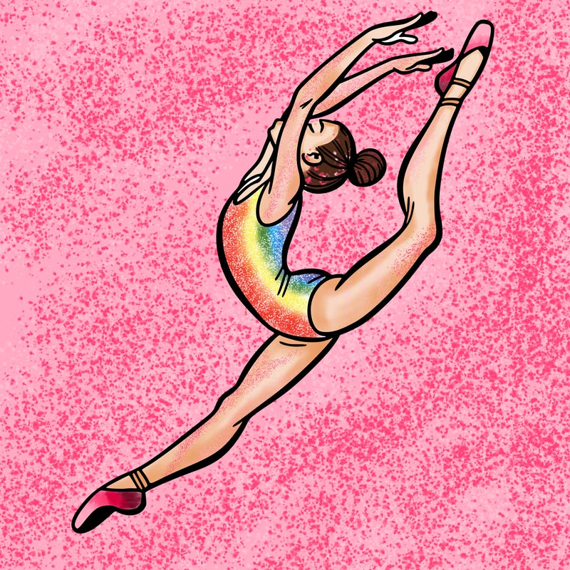 gymnast doing a leap in a leotard with a bent back leg