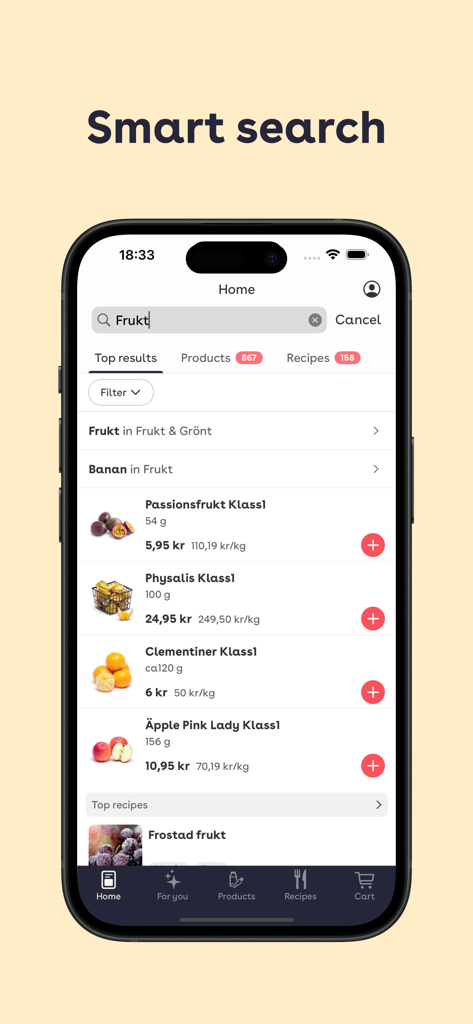 Mathem app smart search results for fruit showing various produce items and prices
