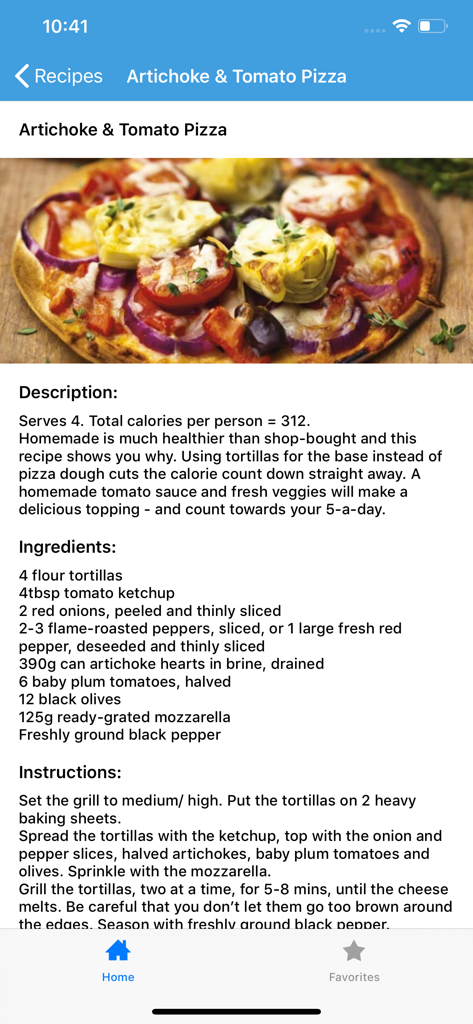 5:2 ファスティング ダイエット アプリのアーティチョークとトマトのピザのレシピ画面