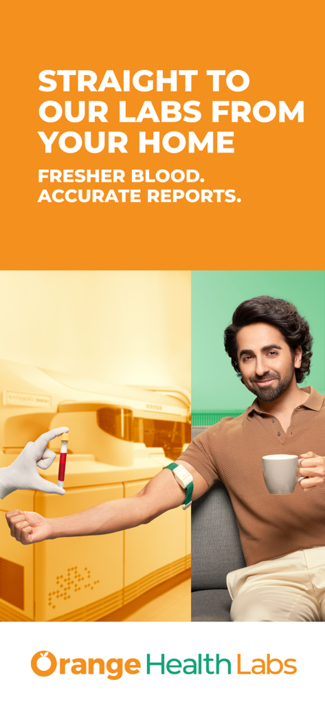 Orange Health Labs: Blood Test - A man comfortably getting blood collected at home with a split screen showing a lab technician handling the sample for accurate reports.