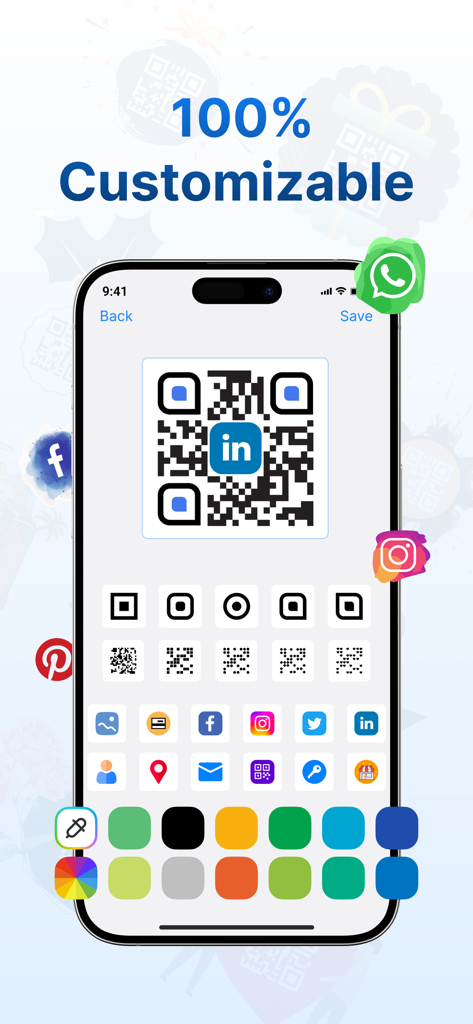 QR Maker: QR Creator & Scanner - QR Maker app interface showing 100 percent customizable options for QR codes including brand logos and color palettes
