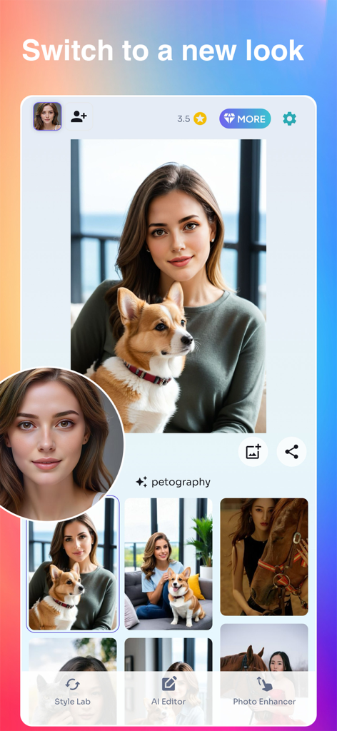 OLyne: AI Photo Editor, Art - OLyne app interface displaying the AI petography feature with pet-themed photo templates