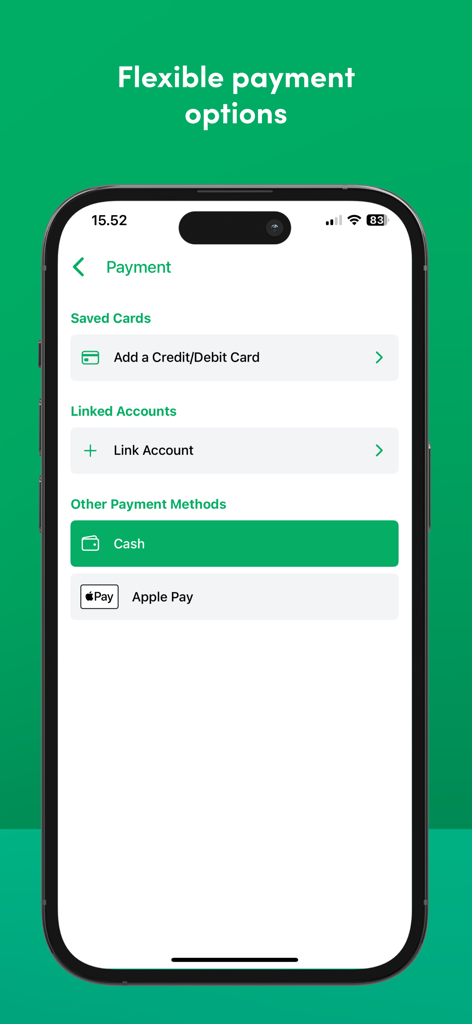Menevä Taksi - Menevä Taksi app payment screen showing options for credit cards, linked accounts, cash, and Apple Pay.