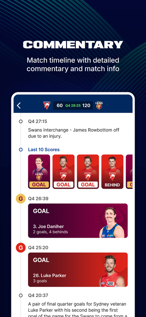 AFL Live Official App match timeline featuring detailed commentary and scoring updates.