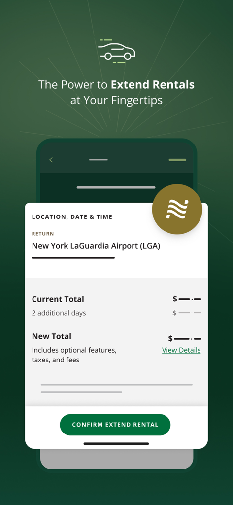 Écran mobile montrant l'option de prolonger une location de voiture de deux jours supplémentaires à l'aéroport de New York LaGuardia dans l'application National