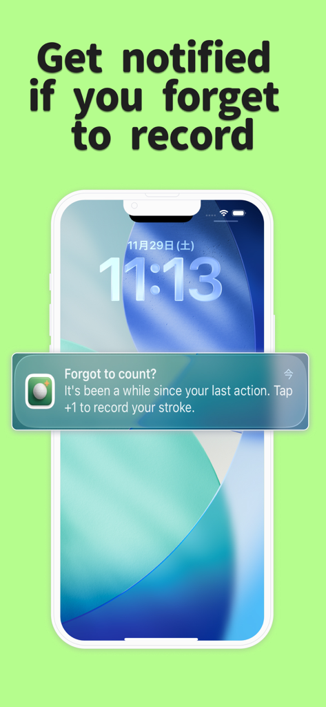 Now Stroke - Pantalla de smartphone mostrando una notificación de recordatorio de golpe de golf de la aplicación Now Stroke.