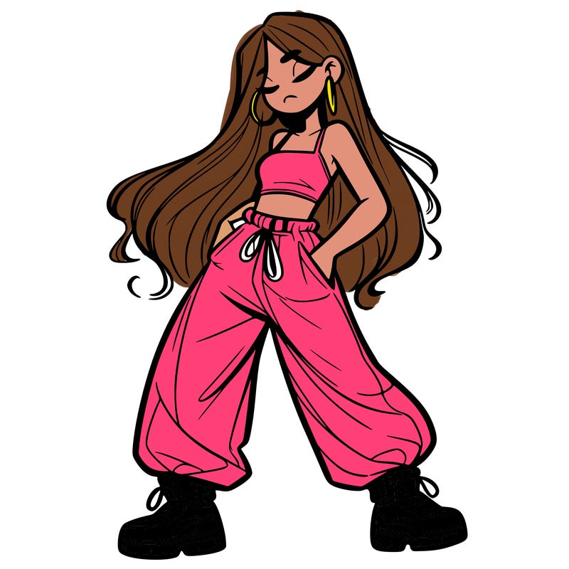 girl in baggy pants crop top and long hair