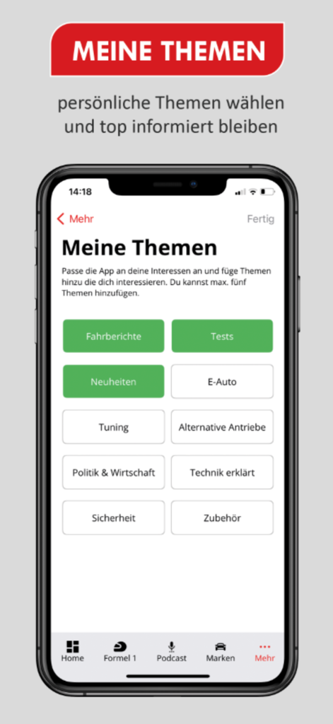 auto motor und sport News - Bildschirm zur Auswahl personalisierter Nachrichtenthemen in der auto motor und sport App mit Kategorien wie Testberichte und Elektrofahrzeuge.