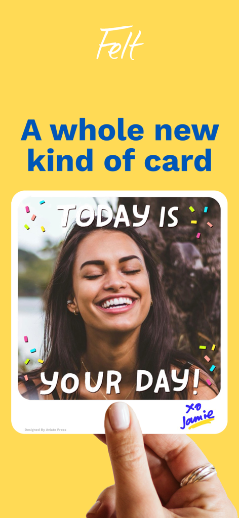 Felt: Greeting Cards & Gifts - A hand holding a personalized greeting card with a photo of a woman and handwritten signature from the Felt app