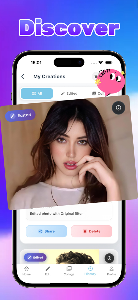 Watao - Watao app history interface displaying an edited portrait with sharing options.