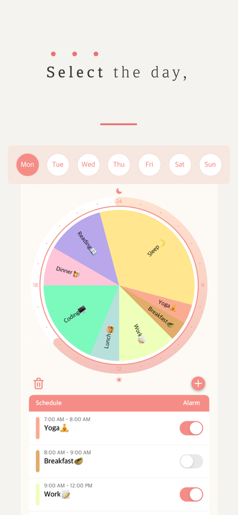 Interfaz de la aplicación DayDay que muestra un horario circular colorido de 24 horas y un horario diario basado en listas.
