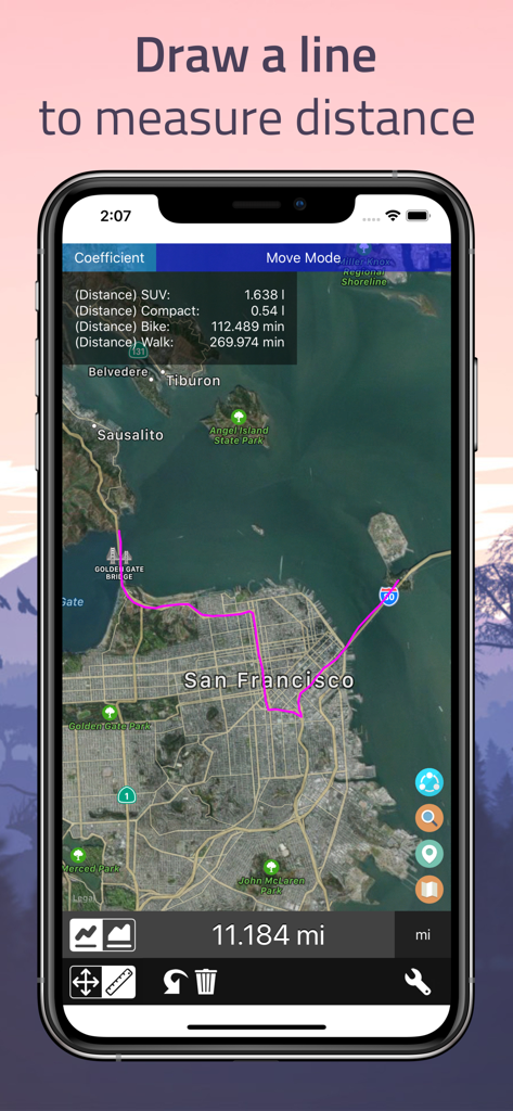 Distance - Find My Distance - Smartphone screen showing a pink route drawn across a map of San Francisco to measure distance