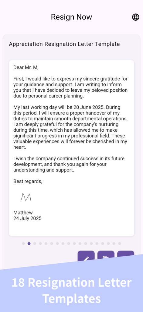 resignation letter -resign now - Professional appreciation resignation letter template with electronic signature on a mobile app screen.