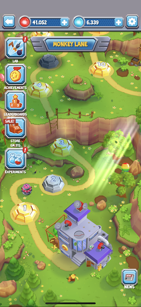 Bloons Supermonkey 2 - Level selection map for Monkey Lane in Bloons Supermonkey 2 showing path and game icons