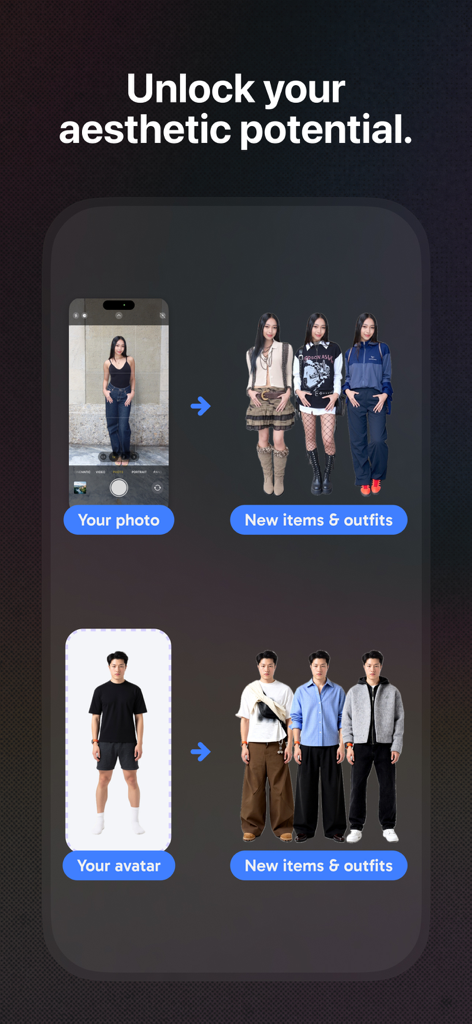 Stylar - Una demostración de la app Stylar mostrando cómo fotos personales y avatares se transforman en varios conjuntos realistas usando IA.