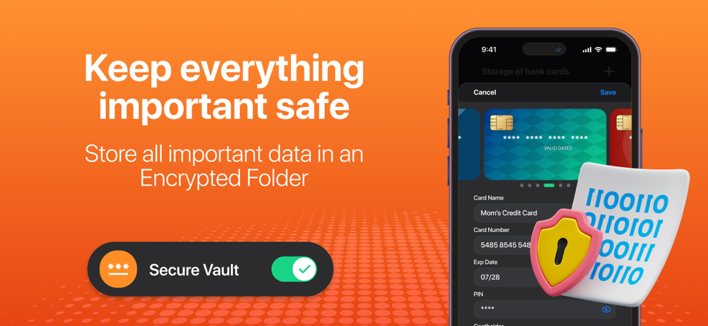 Uma interface de cofre seguro em um smartphone para armazenar cartões de crédito criptografados e informações confidenciais