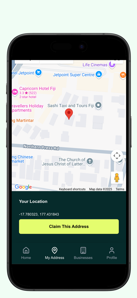 Remaply Fiji - Interface do aplicativo Remaply Fiji exibindo um mapa com um pino de localização e um botão para reivindicar um endereço digital
