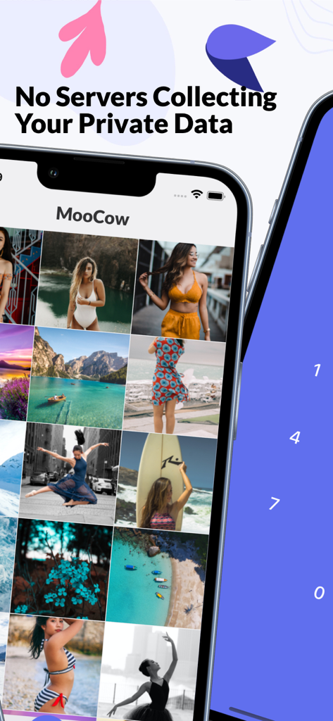 MooCow: Hide Photos & Videos - Smartphone screen showing MooCow app with a grid of private photos and a text message stating no servers collect private data.