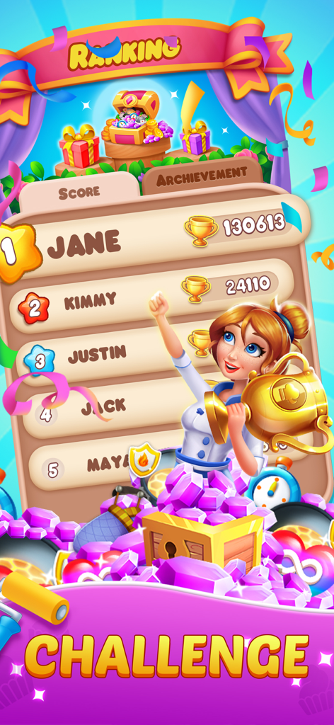 Merge Flavor: Decor Restaurant - Leaderboard ranking screen in Merge Flavor showing a chef character holding a trophy with gems and rewards