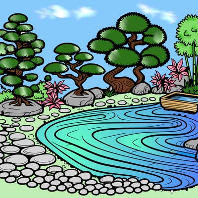 a serene zen garden with raked gravel, bonsai trees, and tranquil ponds