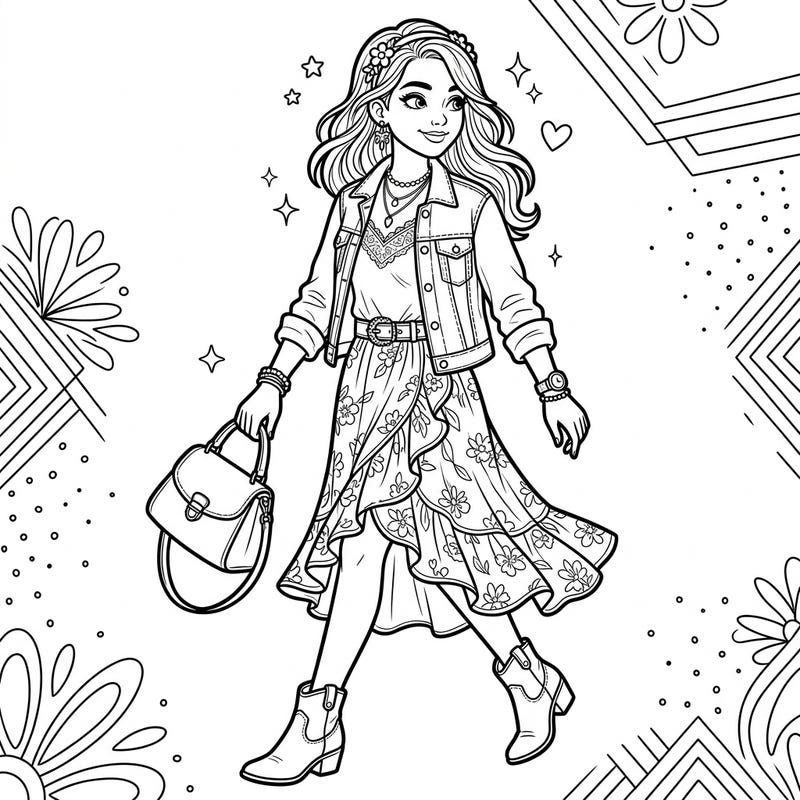 Dive into the world of fashion with this vibrant coloring page featuring a stylish teen girl. Perfect for young artists to experiment with colors and bring trendy outfits to life.