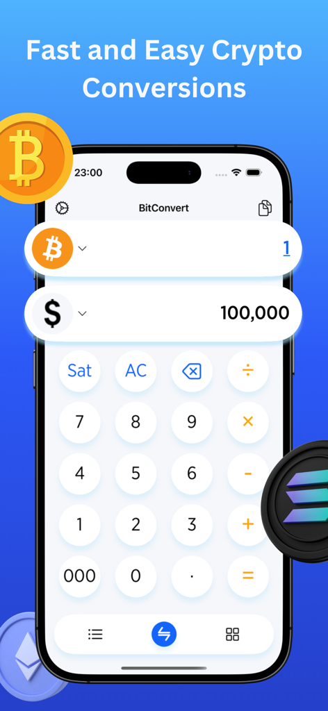 BitConvert - Crypto Calculator - BitConvert mobile app interface on an iPhone showing a Bitcoin to USD conversion calculator with a numerical keypad.