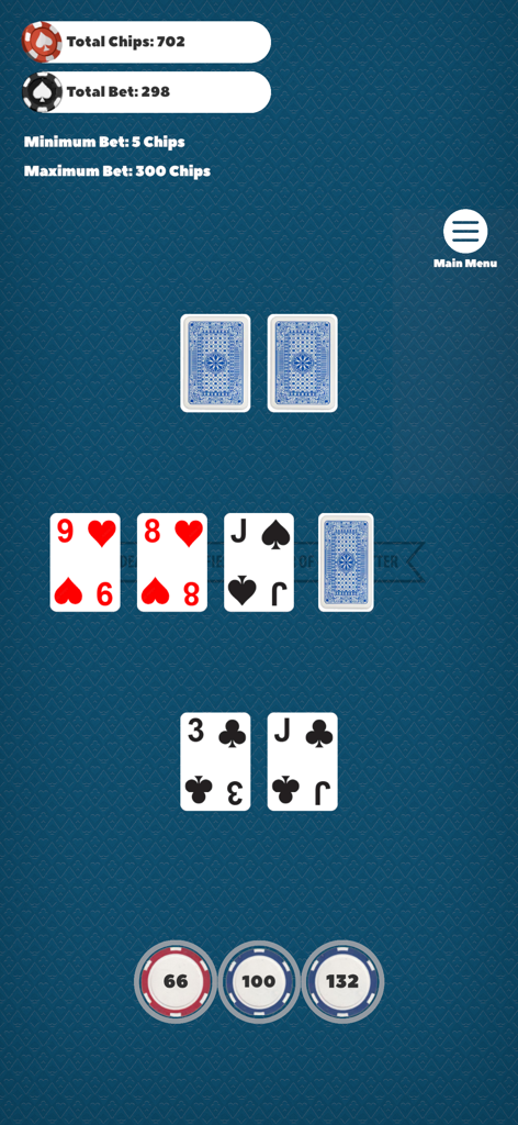 Holdem Poker Duo - Jugabilidad de Holdem Poker Duo mostrando una mano contra el crupier con fichas de apuesta