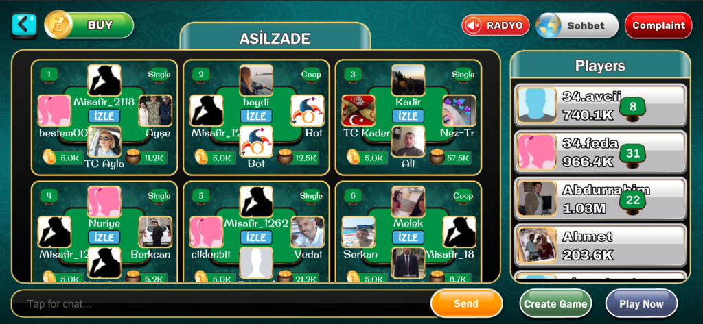 101 Yüzbir Okey Zade Games - Game lobby of 101 Yüzbir Okey showing active player tables and social chat interface.