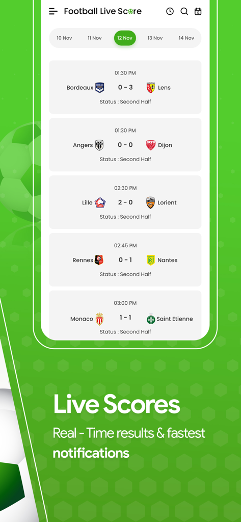 Interfaccia dell'app mobile che mostra punteggi di calcio live in tempo reale e aggiornamenti delle partite