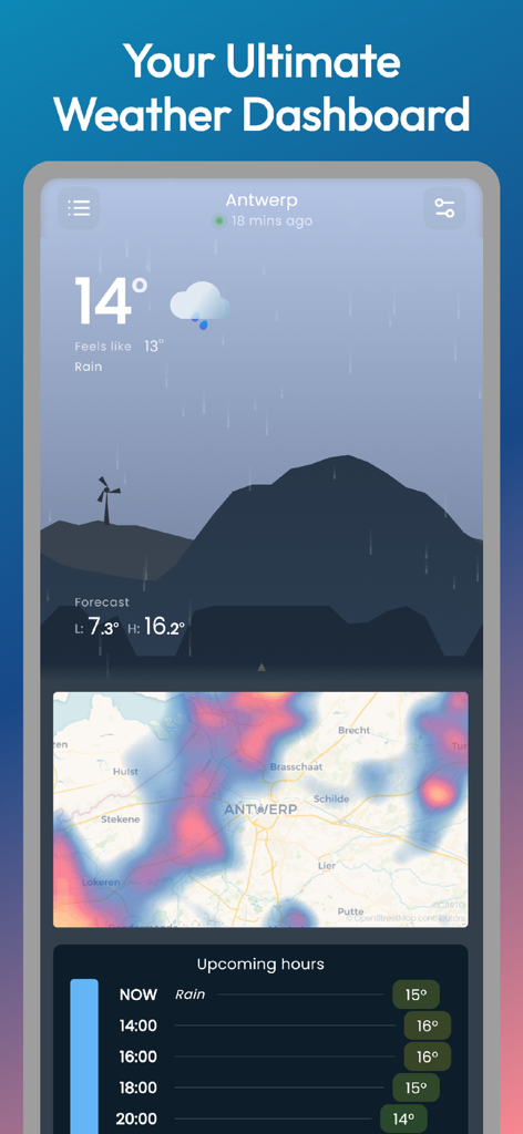 Gusty - weather dashboard - Dashboard dell'app meteo Gusty con previsioni di pioggia, mappa radar interattiva e aggiornamenti meteo orari.