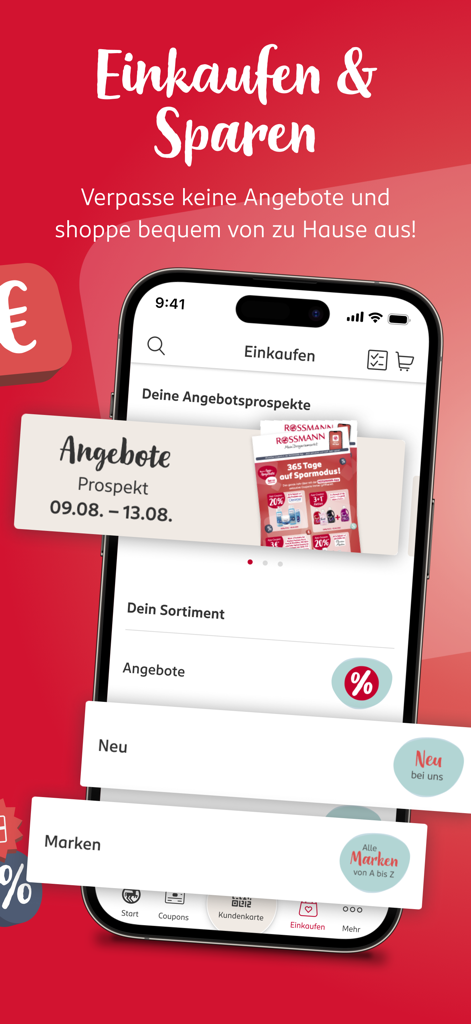 Interface da aplicação móvel Rossmann mostrando a secção de compras com folhetos semanais e ofertas promocionais.