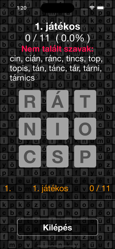 WordsMatrix App-Bildschirm mit einem 3x3-Buchstabengitter und einer Liste ungarischer Wörter