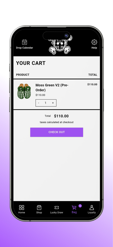 OM NEWYORK - Shopping cart screen of OM NEWYORK app featuring Moss Green V2 clogs