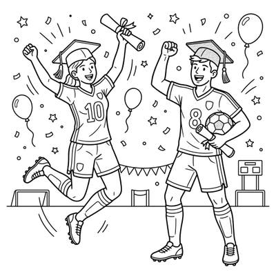 Get ready to color this exciting scene of soccer players celebrating their graduation! Dressed in their caps and jerseys, they joyfully mark both their academic and athletic achievements amidst a shower of confetti.