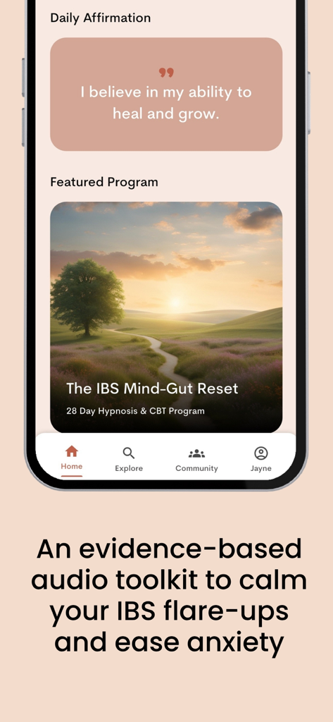 The Calm Gut: IBS Hypnotherapy - The Calm Gut app interface featuring a daily affirmation and a mind-gut reset program.