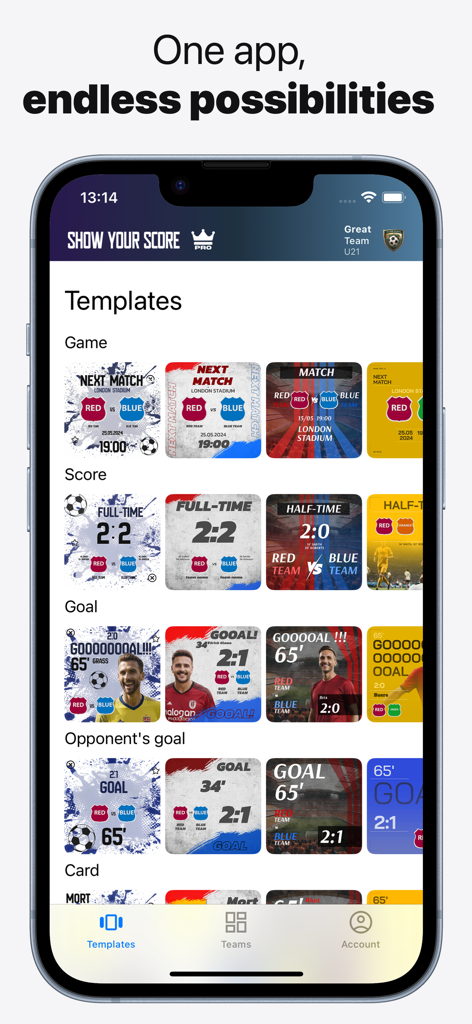 A gallery of professional sports graphic templates for game scores and goals within the Show Your Score mobile app interface